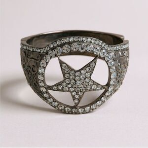 Heavy Western Rhinestone Star Cuff Bracelet Silver Tone Statement Jewelry